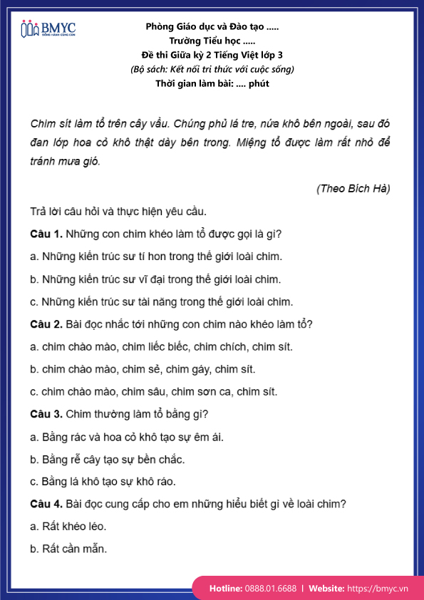 Đề thi tiếng Việt lớp 3 giữa kỳ 2 đề 1 trang 2
