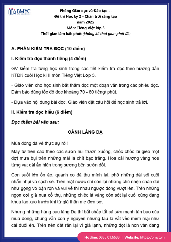 Đề thi tiếng Việt lớp 3 học kỳ 2 đề 3 trang 1 