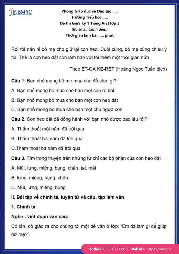 Đề thi tiếng Việt lớp 3 giữa kỳ 2 đề 1 trang 2