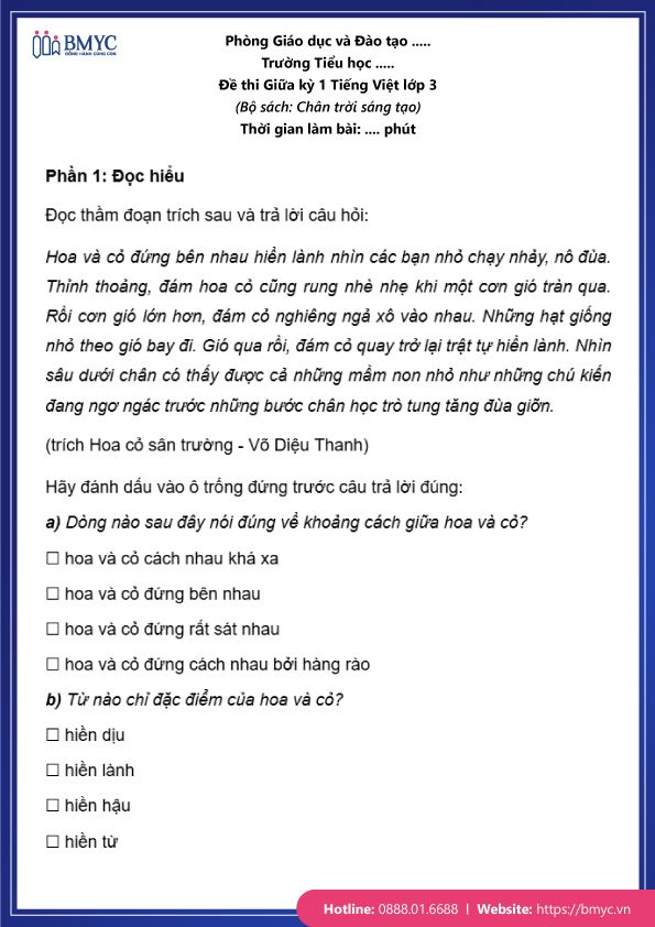 Đề thi tiếng Việt lớp 3 giữa kỳ 1 đề 3 trang 1