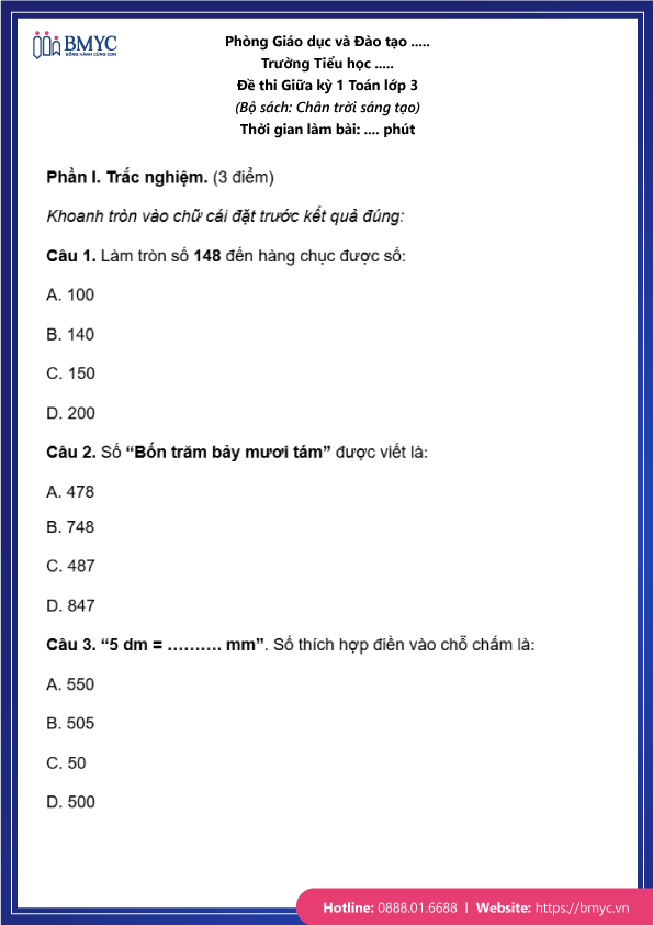 Đề thi Giữa kì 1 Toán lớp 3 chân trời sáng tạo trang 1