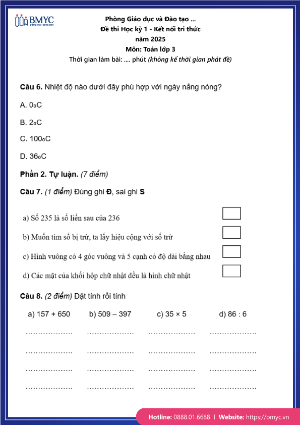 Đề thi Toán lớp 3 học kỳ 1 kết nỗi tri thức trang 3