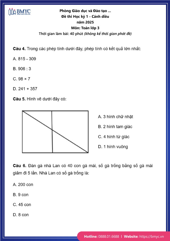 Đề thi Toán lớp 3 học kỳ 1 cánh diều trang 2