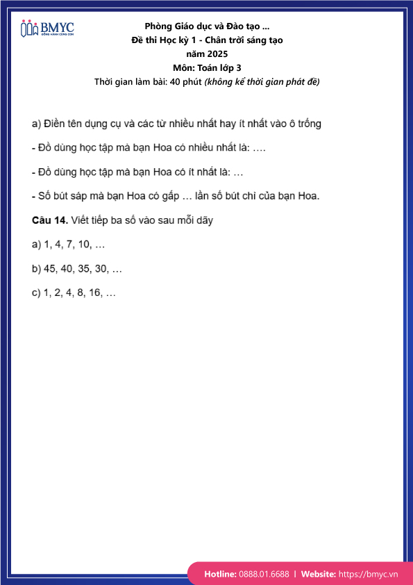 Đề thi Toán lớp 3 học kỳ 1 chân trời sáng tạo trang 6