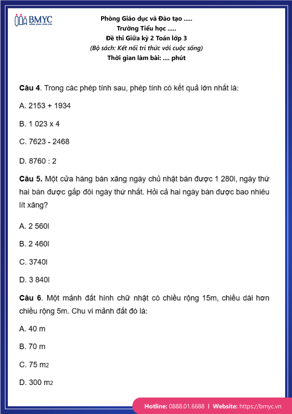 Đề thi Toán lớp 3 giữa học kỳ 2 kết nối tri thức trang 