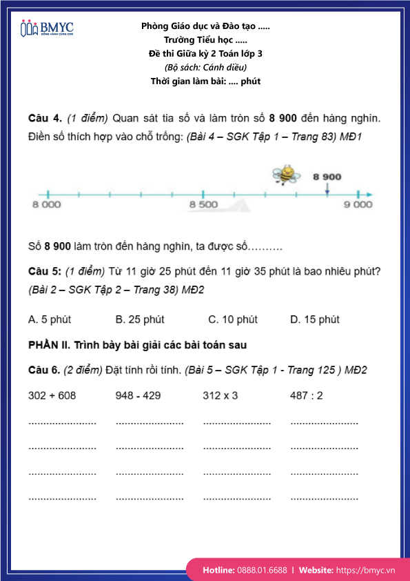 Đề thi Toán lớp 3 giữa học kỳ 2 cánh diều trang 2