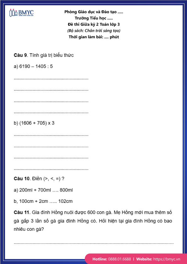 Đề thi Toán lớp 3 giữa học kỳ 2 chân trời sáng tạo trang 4