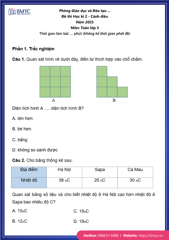 Đề thi Toán lớp 3 học kỳ 2 cánh diều trang 1