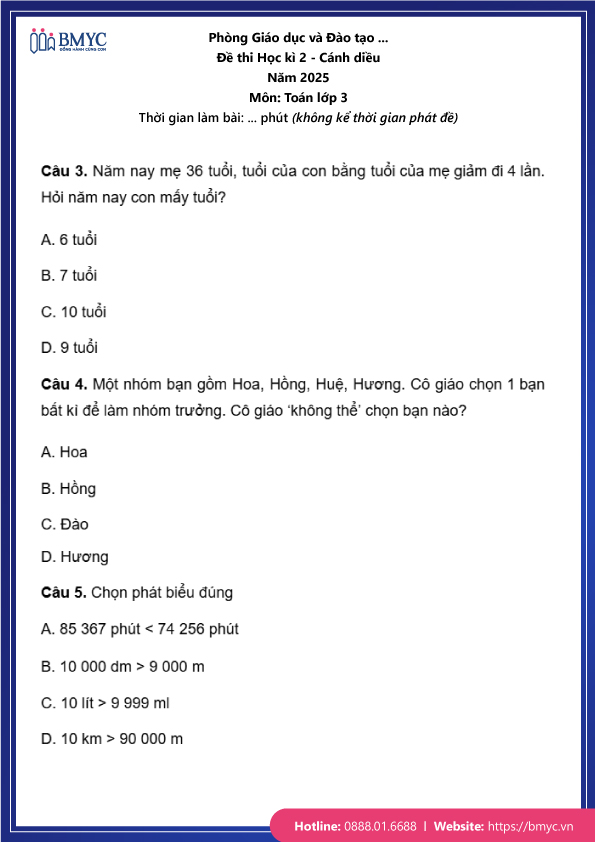 Đề thi Toán lớp 3 học kỳ 2 cánh diều trang 2