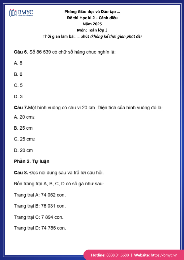 Đề thi Toán lớp 3 học kỳ 2 cánh diều trang 3
