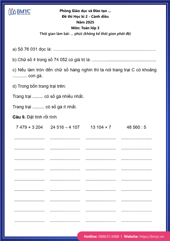 Đề thi Toán lớp 3 học kỳ 2 cánh diều trang 4