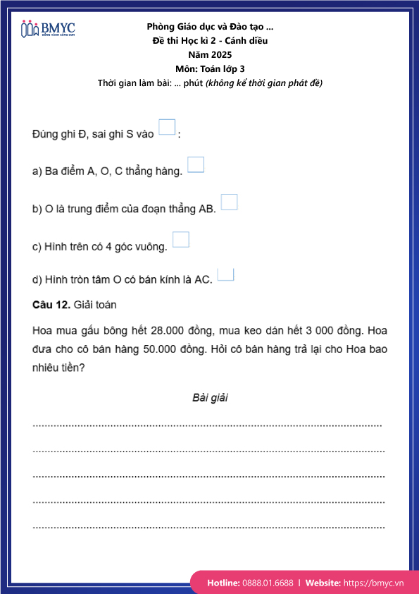 Đề thi Toán lớp 3 học kỳ 2 cánh diều trang 6
