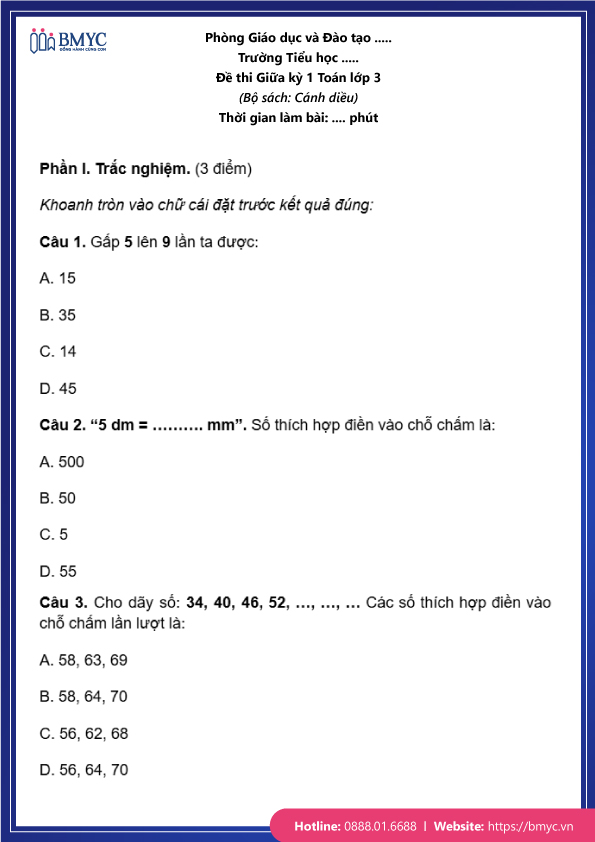 Đề thi Giữa kì 1 Toán lớp 3 cánh diều trang 1