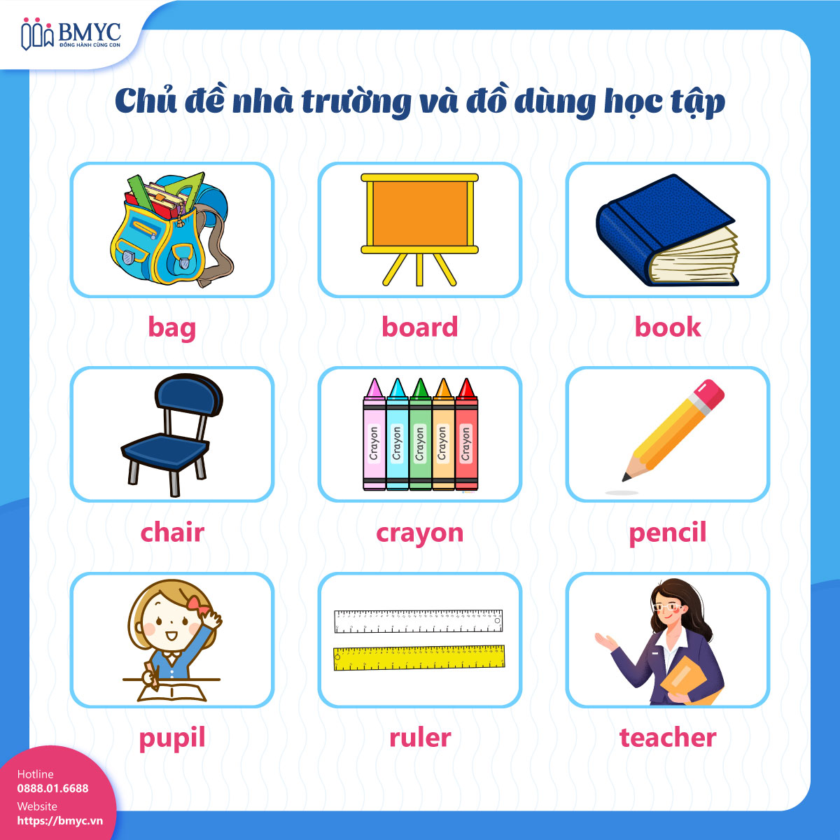Chủ đề nhà trường (school) và đồ dùng học tập (School supplies)