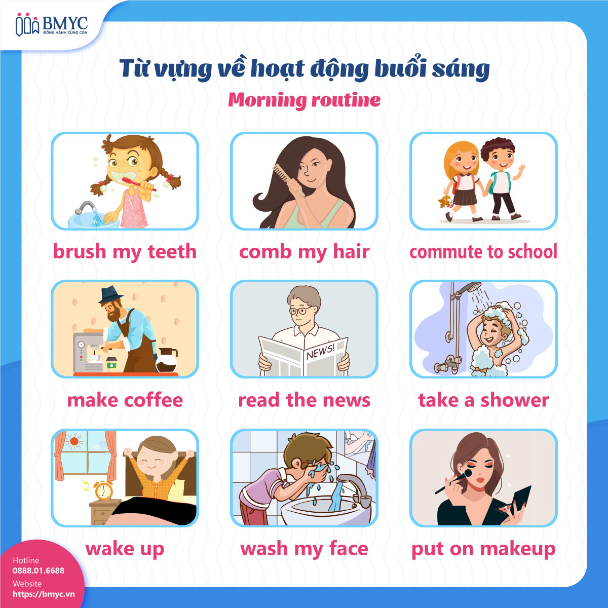 Tu-vung-tieng-Anh-ve-cac-hoat-dong-hang-ngay....1 Từ vựng tiếng Anh về hoạt động buổi sáng (Morning routine)