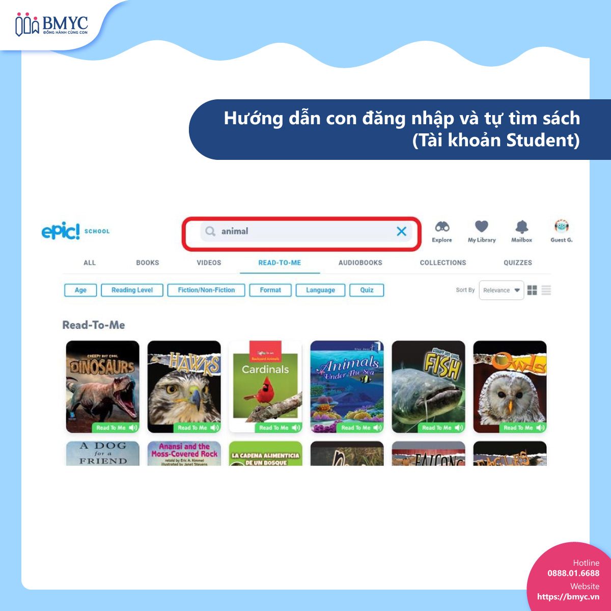 Hướng dẫn con đăng nhập và tự tìm sách (Tài khoản Student)