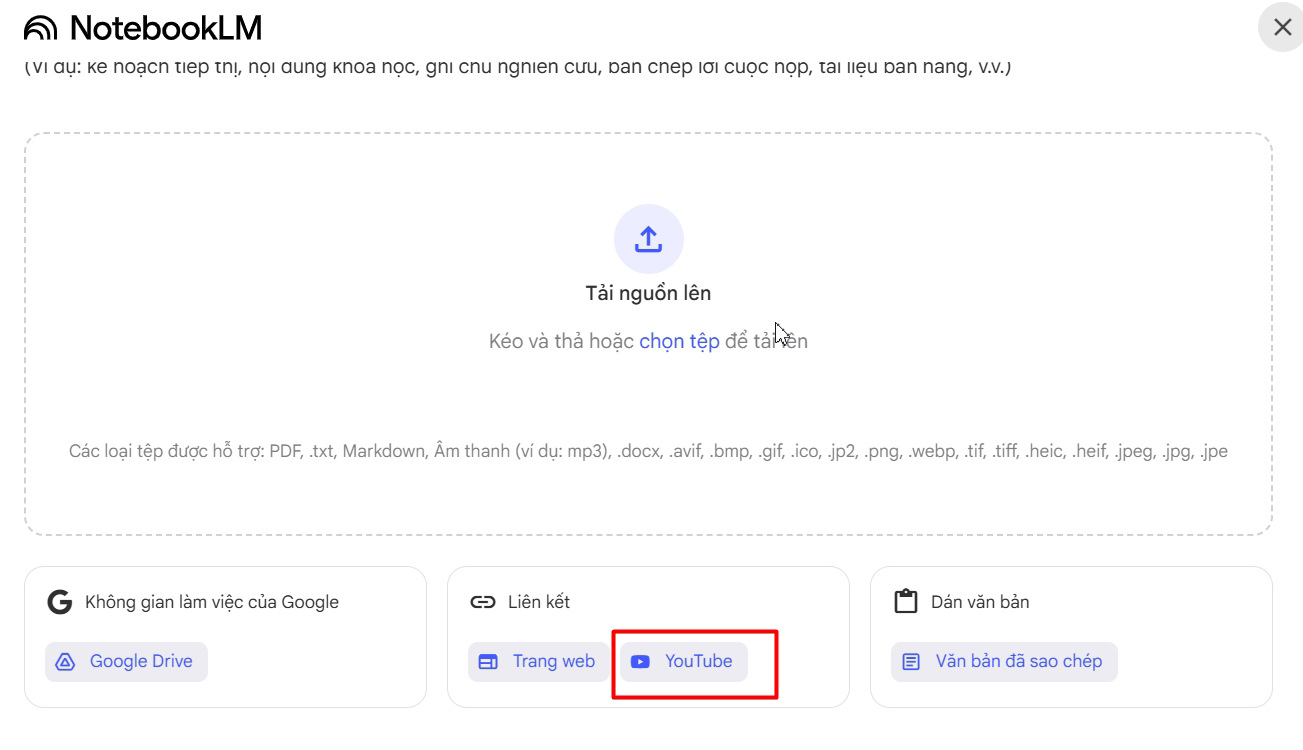 chon-lien-ket-notebooklm Chọn vào Youtube ở phần Liên kết