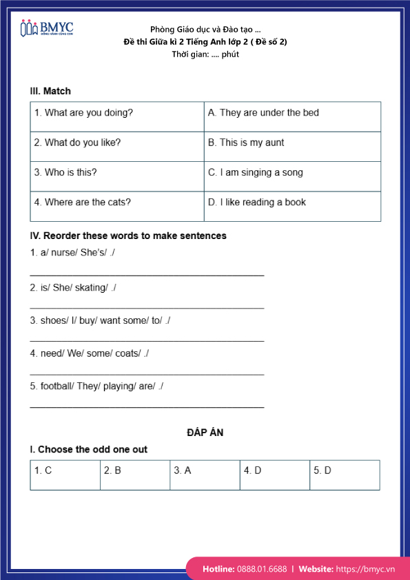 Đề thi Giữa kì 2 Tiếng Anh lớp 4 ( Đề số 2)