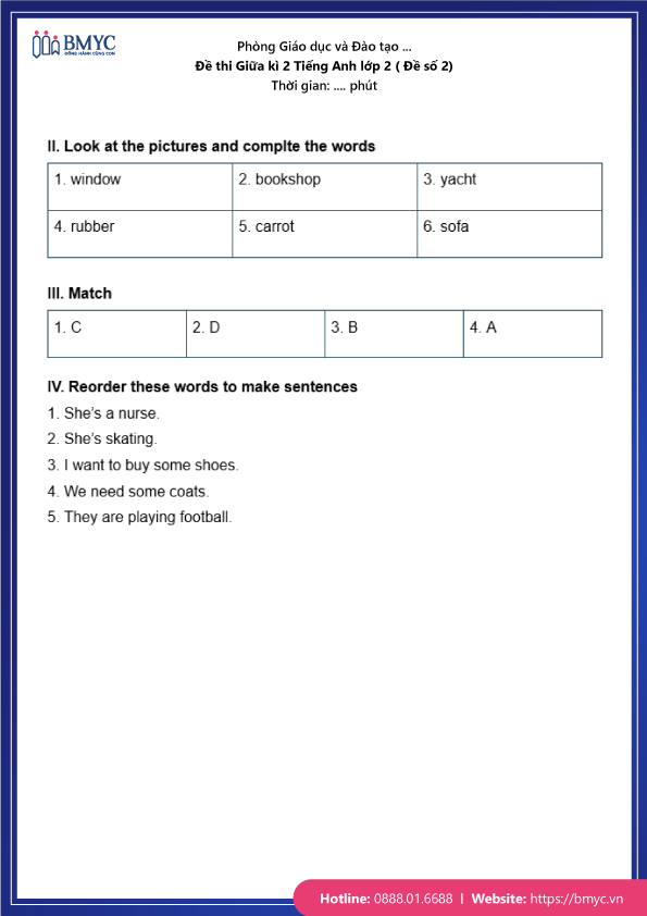 Đề thi Giữa kì 2 Tiếng Anh lớp 4 ( Đề số 2)