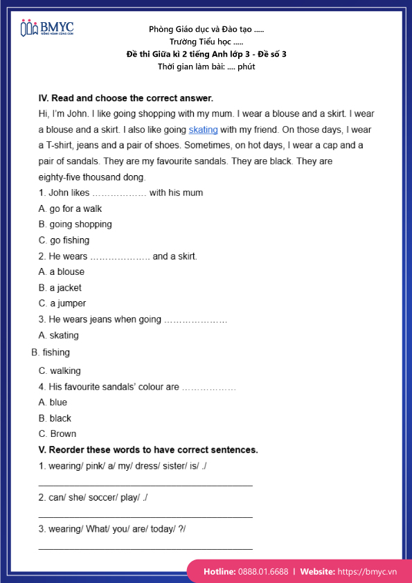 Đề thi Giữa kì 2 Tiếng Anh lớp 3 - Đề số 3