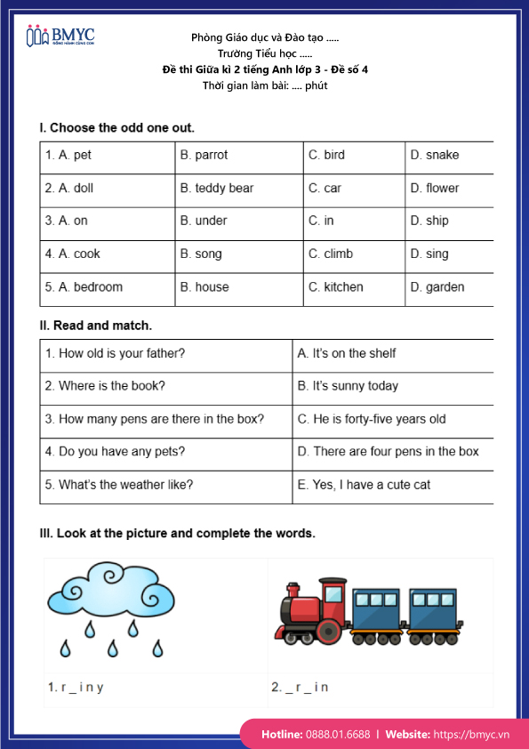 Đề thi Giữa kì 2 Tiếng Anh lớp 3 - Đề số 4