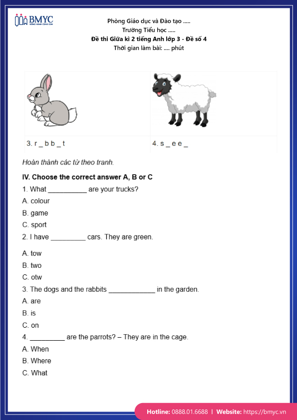 Đề thi Giữa kì 2 Tiếng Anh lớp 3 - Đề số 4