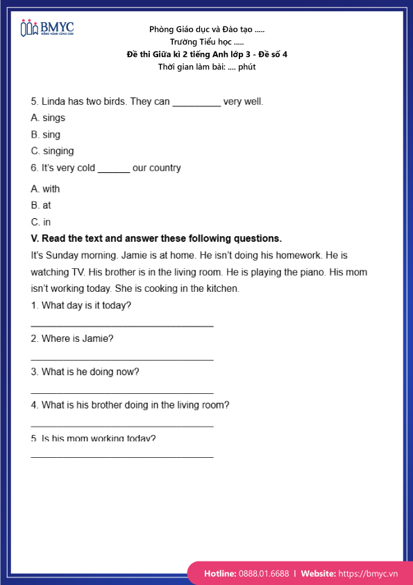 Đề thi Giữa kì 2 Tiếng Anh lớp 3 - Đề số 4