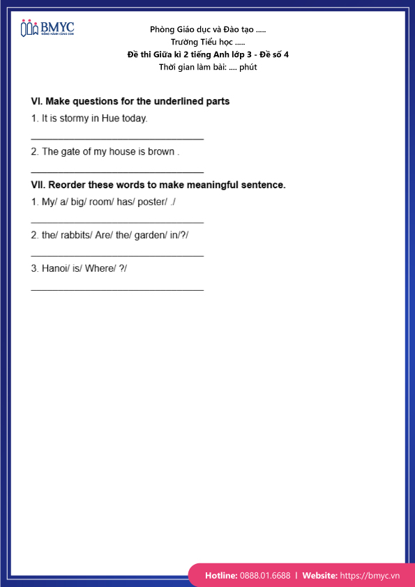 Đề thi Giữa kì 2 Tiếng Anh lớp 3 - Đề số 4