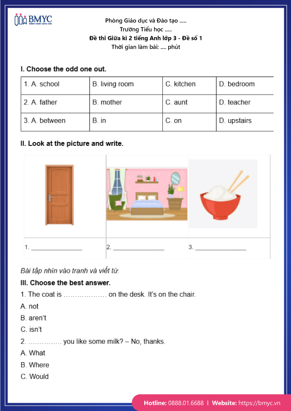 Đề thi Giữa kì 2 Tiếng Anh lớp 3 - Đề số 1