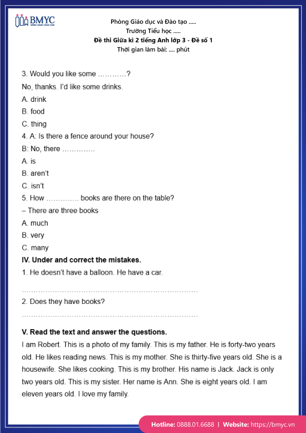 Đề thi Giữa kì 2 Tiếng Anh lớp 3 - Đề số 1