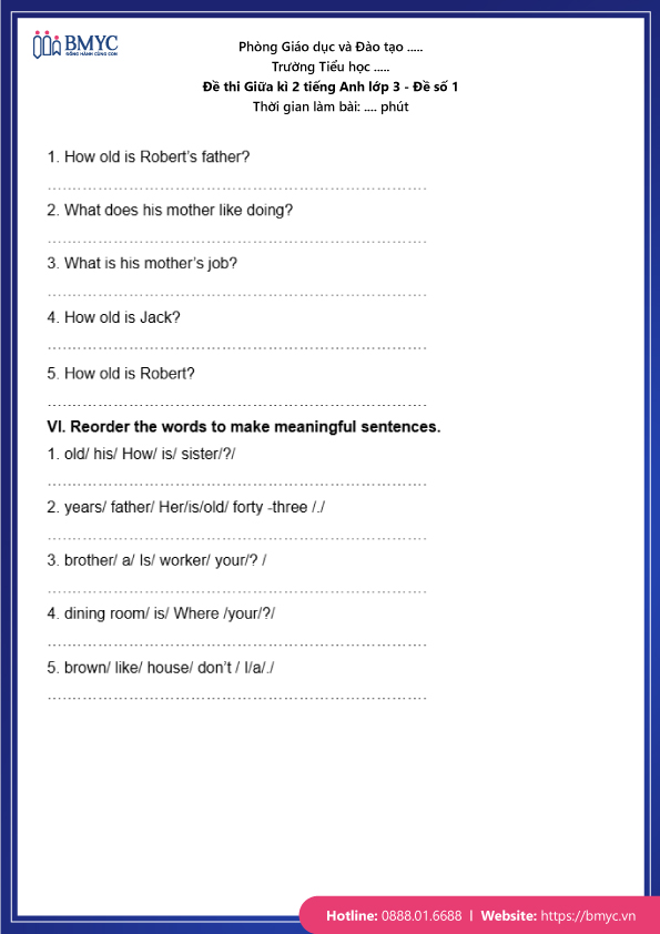 Đề thi Giữa kì 2 Tiếng Anh lớp 3 - Đề số 1