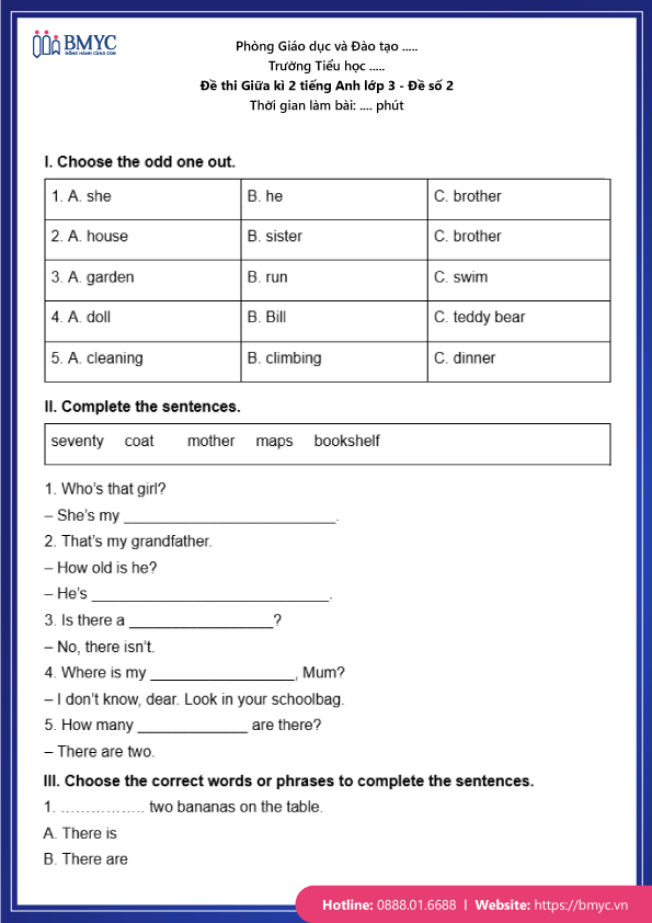 Đề thi Giữa kì 2 Tiếng Anh lớp 3 - Đề số 2