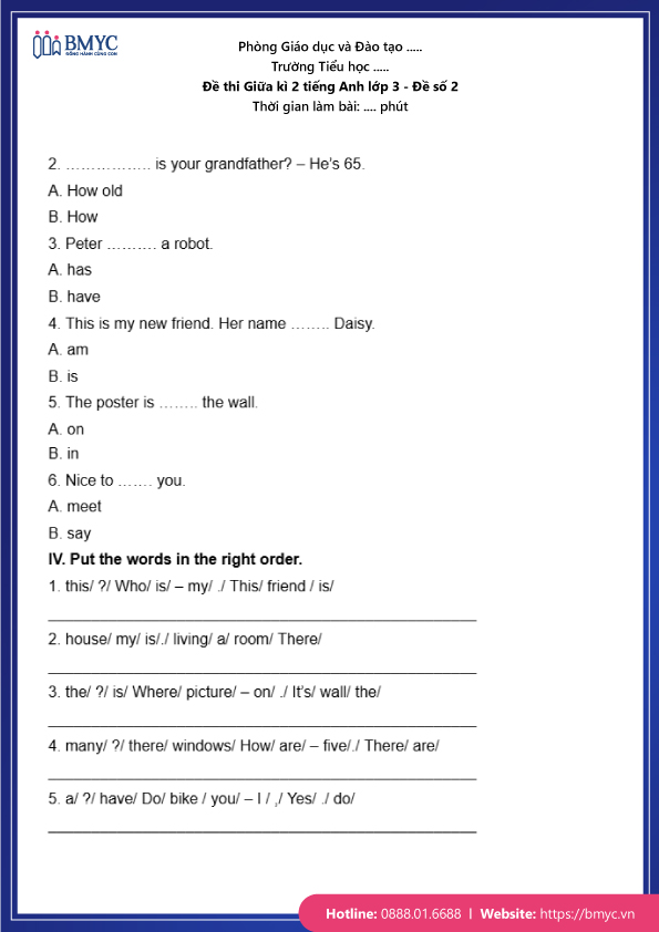 Đề thi Giữa kì 2 Tiếng Anh lớp 3 - Đề số 2