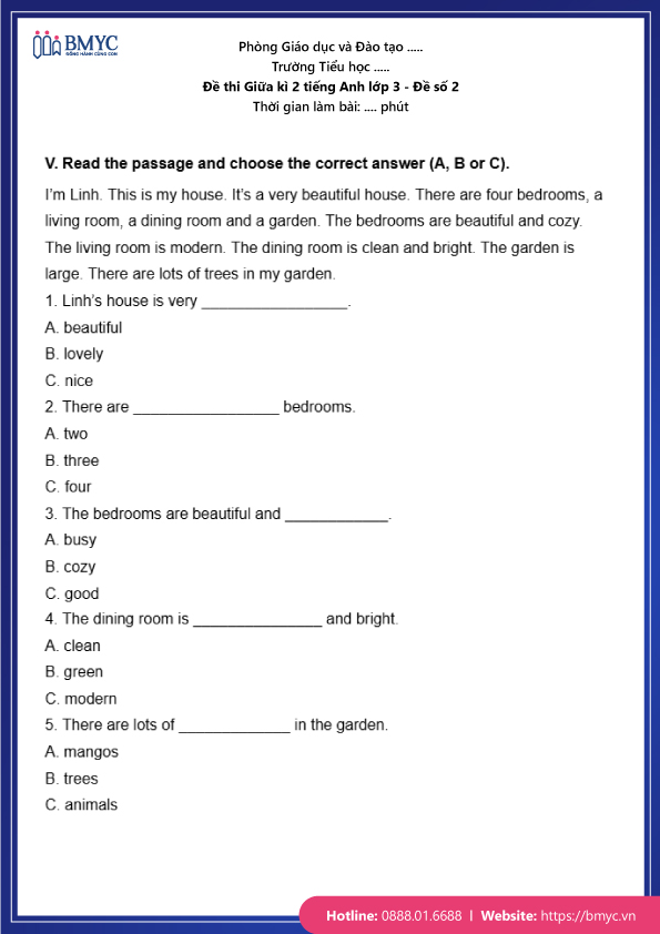 Đề thi Giữa kì 2 Tiếng Anh lớp 3 - Đề số 2