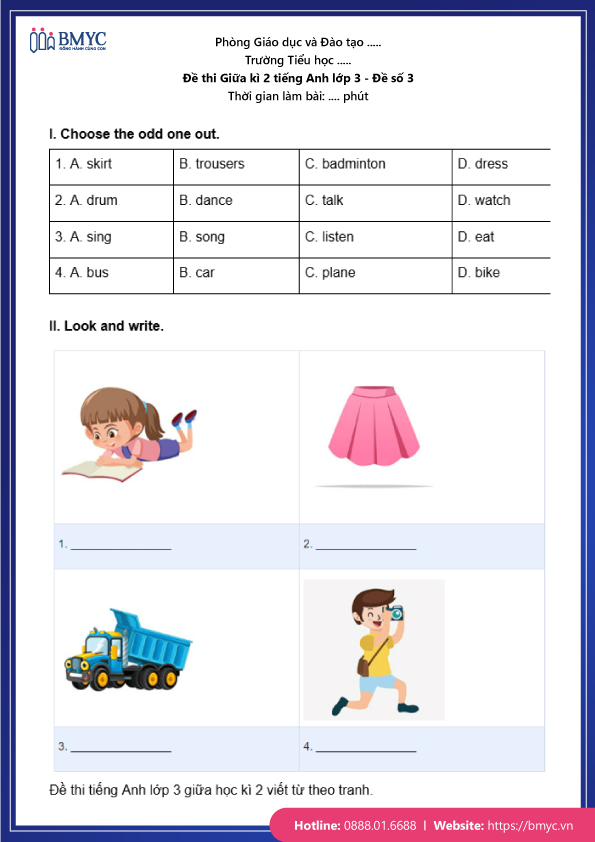 Đề thi Giữa kì 2 Tiếng Anh lớp 3 - Đề số 3