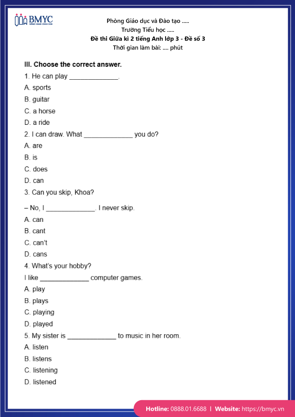 Đề thi Giữa kì 2 Tiếng Anh lớp 3 - Đề số 3