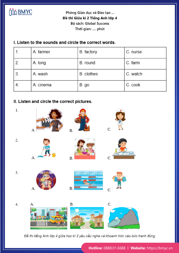 Đề thi tiếng Anh lớp 4 giữa học kì 2 - Sách Global Success