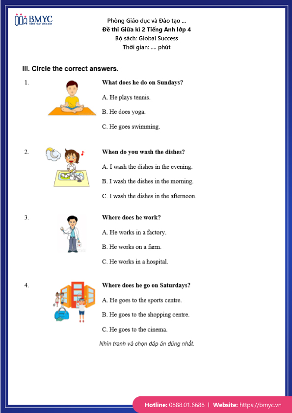 Đề thi tiếng Anh lớp 4 giữa học kì 2 - Sách Global Success