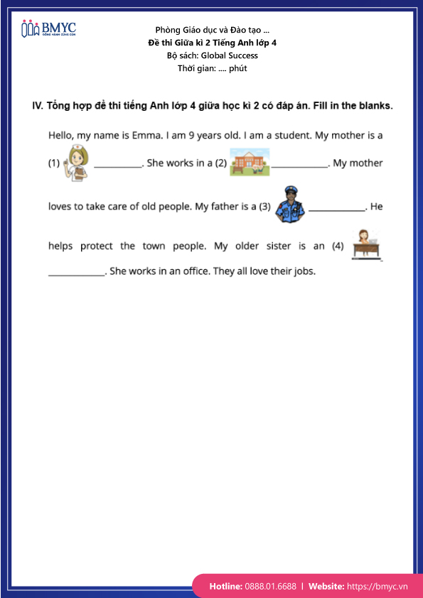 Đề thi tiếng Anh lớp 4 giữa học kì 2 - Sách Global Success