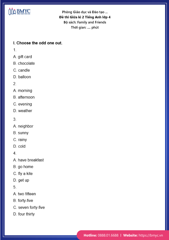 Đề thi tiếng Anh lớp 4 giữa học kì 2 - Sách Family and Friends