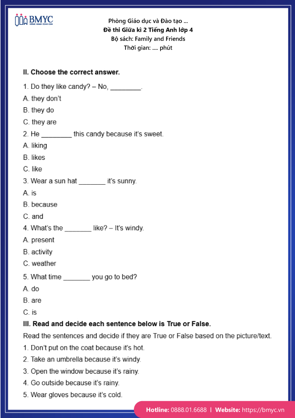Đề thi tiếng Anh lớp 4 giữa học kì 2 - Sách Family and Friends
