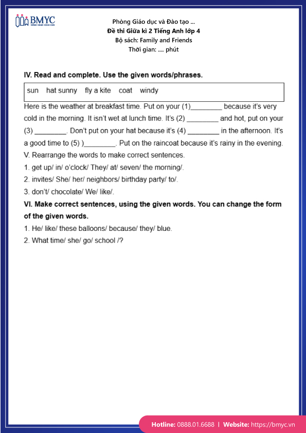 Đề thi tiếng Anh lớp 4 giữa học kì 2 - Sách Family and Friends