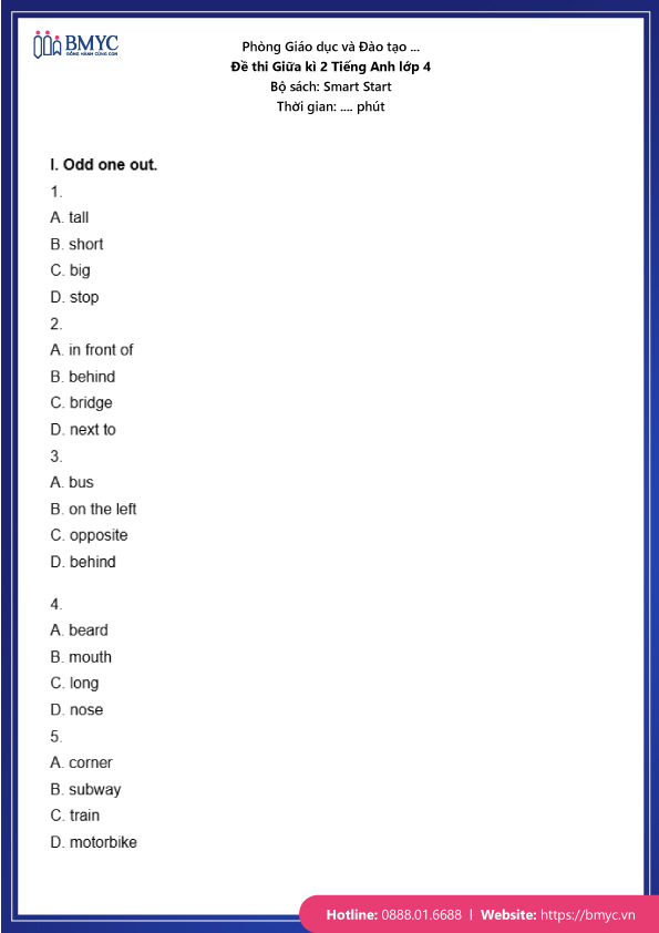 Đề thi tiếng Anh lớp 4 giữa học kì 2 - Smart Start