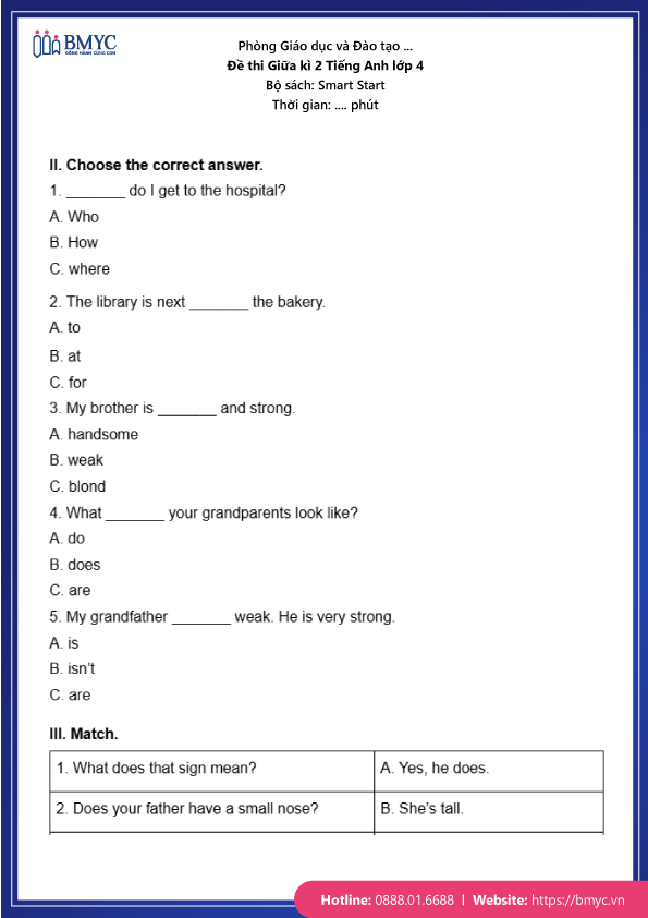 Đề thi tiếng Anh lớp 4 giữa học kì 2 - Smart Start