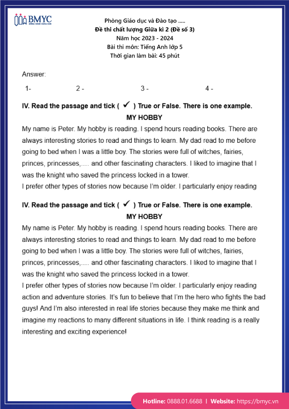 Đề thi chất lượng Giữa kì 2 (Đề số 3)