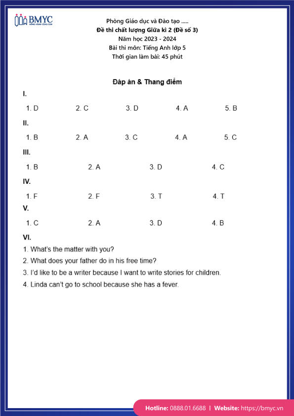 Đáp án Đề thi chất lượng Giữa kì 2 (Đề số 3)