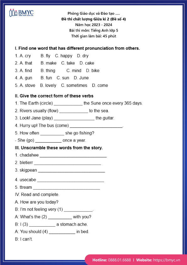 Đề thi chất lượng Giữa kì 2 (Đề số 4)