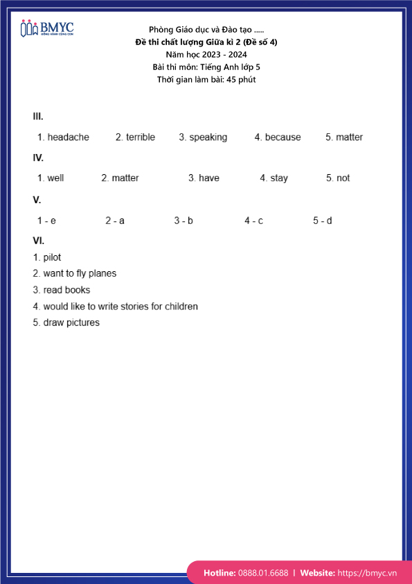 Đáp án Đề thi chất lượng Giữa kì 2 (Đề số 4)