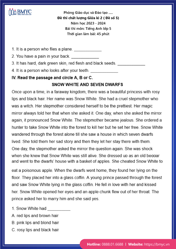 Đề thi chất lượng Giữa kì 2 (Đề số 5)