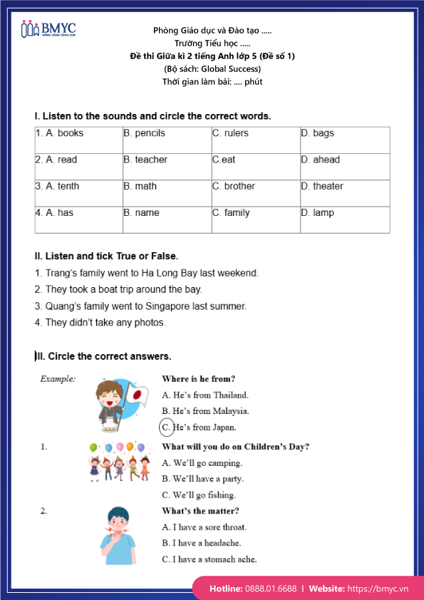 Đề thi Giữa kì 2 Tiếng Anh lớp 5 (Đề số 1)